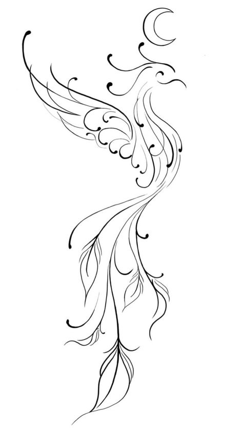 Phonex Tattoo Drawings, Phonex Tattoo Designs, Fineline Phoenix Tattoo, Phoenix Drawing Tattoo, Phoenix Tattoo Feminine Back, Phoinex Tattoos, Phonex Tattoo, Phoenix Tattoo Design Feminine, Black And White Rose Tattoo