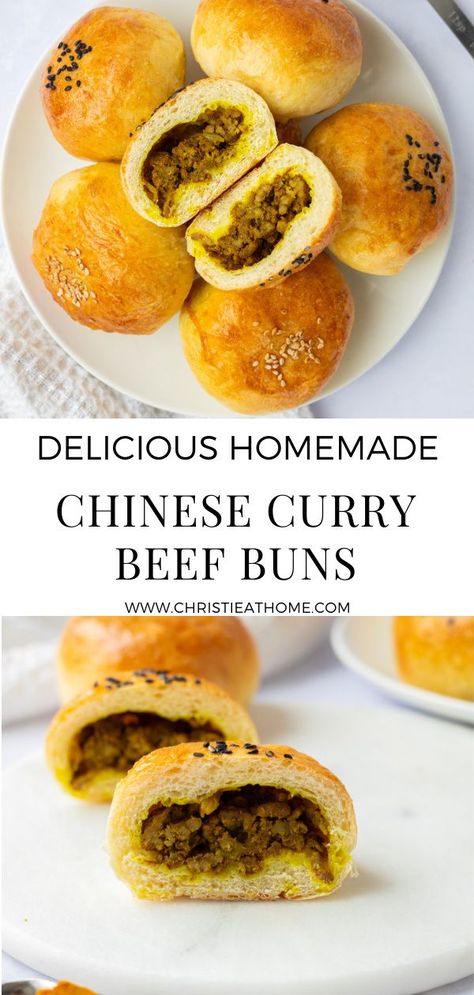 Chinese Curry Beef Buns. Savoury curried beef and onion stuffed inside a fluffy egg bun. A popular Chinese baked good that is found at many Asian bakeries. Great as a snack or breakfast when you’re feeling hungry! #buns #currybuns #currybeefbuns #chinesefood #chineserecipe #chineserecipes #chinesepastries #pastries #bakedgoods #asianrecipes #asianfood #asianbuns #asiandish #asianrecipe Japanese Beef Buns, Chinese Stuffed Buns, Chinese Curry Beef Buns, Chinese Baked Buns, Curry Buns Recipe, Egg Buns Recipe, Meat Filled Buns, Asian Bakery Recipe, Asian Baked Goods