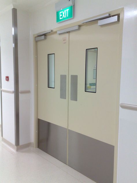 Double hospital doors. Fire Protection System, Fire Rated Doors, Hospital Door, Hospital Interior, Fire Doors, Room Doors, Double Doors, Door Design, Architecture Details