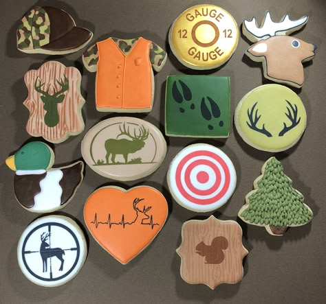 Hunting cookies Camouflage cookies Deer cookies Shotgun shell cookies Hoof print cookies Duck cookies 40th Birthday Cookies, Camo Cookies, Deer Cookies, Shell Cookies, Hunting Birthday Cakes, Camping Cookies, Duck Cookies, Hunting Cake, Fish Cookies