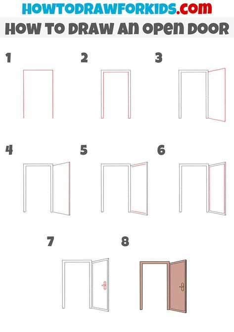 how to draw an open door step by step Drawing Furniture Step By Step, How To Draw Furniture Step By Step, Door Drawing Reference, Door Drawing Simple, How To Draw A Door, Door Drawing Ideas, How To Draw Doors Step By Step, Opening Door Drawing Reference, Doors Architecture Drawing