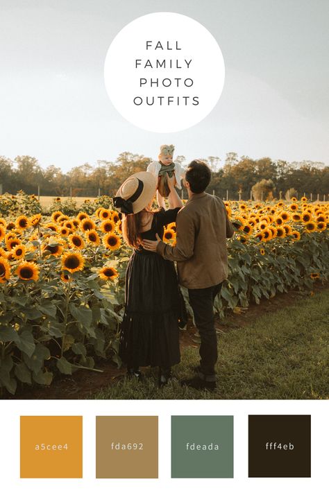 Mustard Yellow Photography Family Photos, Family Of 3 Sunflower Photoshoot, Sunflower Field Family Photoshoot Outfits, Outfit Ideas For Sunflower Photos, Sunflower Family Photoshoot Outfits, What To Wear For Sunflower Photos, Apple Orchard Family Pictures Outfits, Outfits For Sunflower Field Pictures Family, Fall Family Photos Sunflower Field