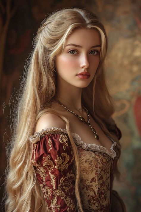 Noblewoman Aesthetic, Beautiful Middle Aged Woman, Blonde Character Inspiration, Blonde Female Character Art, Blonde Female Character Inspiration, Fae Woman, Medieval Portrait, Blonde Characters, Medieval Female