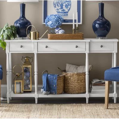 Lanford 60" Solid Wood Console Table & Reviews | Joss & Main Condo Entryway, Blue Decor Ideas, Entrance Tables, Sofa Table Decor, Classic Console Table, Entry Console, Mirrored Console Table, Front Entrance, Wood Console Table