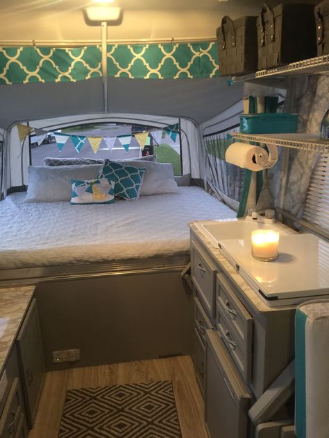 We love our finished camper. Now to enjoy it Tent Trailer Remodel, Pop Up Campers, Popup Camper Remodel, Pop Up Tent Trailer, Pop Up Truck Campers, Minivan Camping, Camper Hacks, Old Campers, Camper Storage