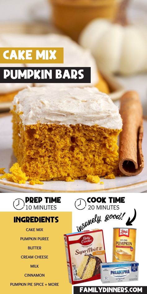 This pumpkin bar recipe is moist and perfectly seasoned for a subtle and sweet pumpkin flavor. With a cinnamon cream cheese frosting and a pumpkin and yellow cake mix recipe it's easy to make and not your average pumpkin cake recipe. These easy pumpkin bars are the perfect fall dessert recipe. Carrot Cake Mix With Pumpkin Puree, White Cake Mix Pumpkin Recipes, Yellow Cake Mix Pumpkin Recipe, Yellow Cake With Pumpkin Puree, Pumpkin Bars With Cream Cheese Frosting Easy, Pumpkin And White Cake Mix Recipes, Yellow Cake Mix With Pumpkin Puree, Easy Pumpkin Cake Mix Recipes, Pumpkin Bars With Spice Cake Mix Easy