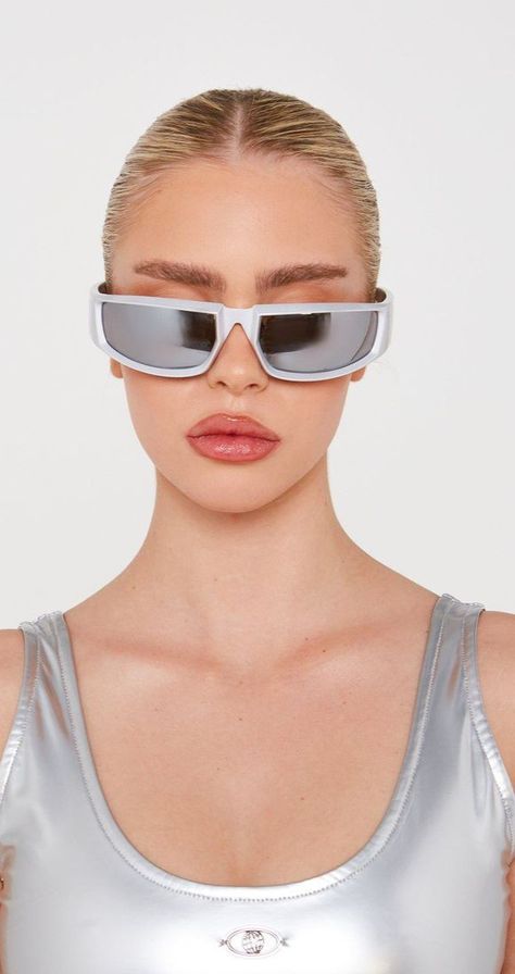 Space Futurism, Sunglasses Shoot, Wrap Around Glasses, Sunglasses Photoshoot, Luxe To Kill, Acetate Fabric, Silver Sunglasses, Men Sunglasses, Silver Mirrors