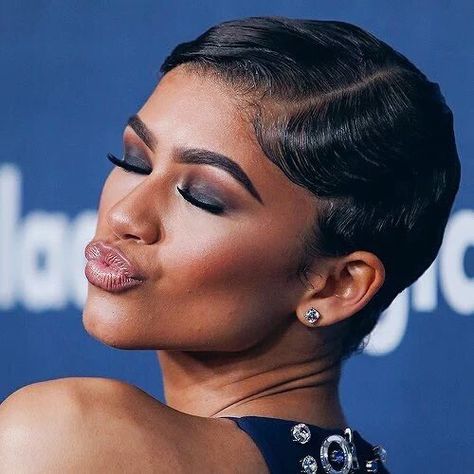 Zendaya Deep Fingerwaves Hairstyles, Sleek Down Hairstyles Short Hair, 1 Inch Pixie Haircut, Sleek Pixie Hairstyles, Sleek Short Hair Black Women, Sleek Back Short Hair, Sleek Pixie, Finger Waves Short Hair, Short Hair Styles African American