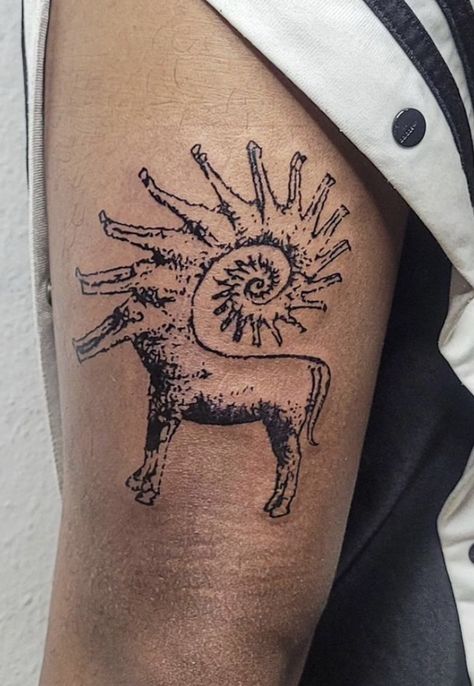 Musk Ox Tattoo, Animal Farm Tattoo, Nontraditional Tattoo, Mc Ride Tattoos, Creative Animal Tattoos, Appalachia Tattoo Ideas, Folk Punk Tattoo, Saturn Devouring His Son Tattoo, Fairy Cow Tattoo