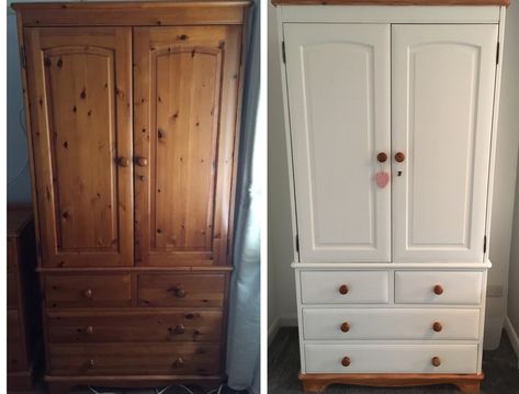 Pine wardrobe refurb & upcycle Pine Wardrobe Makeover, Painting Wardrobes Before And After, White Painted Wardrobe, Upcycling Pine Bedroom Furniture, Upcycled Vintage Wardrobe, Pine Wardrobe Bedroom, Pine Wardrobe Upcycle, Lana Bedroom, Rustic Pine Armoire Makeover