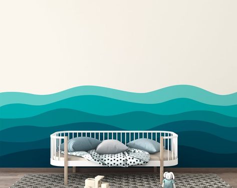 Ocean Wave Blue Wallpaper Abstract Wave Wallpaper Peel and | Etsy Cargo Camper, Peel N Stick Wallpaper, Ocean Mural, Nursery Wall Painting, Wave Wallpaper, Diy Mural, Interior Murals, Label Ideas, Cool Kids Rooms