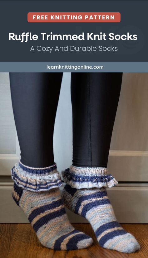 Craft these cozy Ruffle Trimmed Knit Socks for your wardrobe accessories. It is perfect for keeping your feet warm and cozy during the colder months. The ruffle trim adds a playful and feminine touch to the design, making them a unique addition to your sock collection.| More free knitting patterns and tutorials at learnknittingonline.com Knit Ruffle Socks Pattern, Socks Free Knitting Pattern, Sock Knitting Pattern, Knitted Projects, Double Pointed Knitting Needles, Ruffle Socks, Sock Collection, Frilly Socks, Ruffled Socks