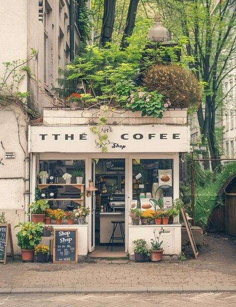 Cafe In Europe, Flowershop Aesthetic Exterior, Tea Shop Exterior, Small Town Cafe Aesthetic, Store With Apartment Above, Garden Coffee Shop Design Outdoor, Small Cafe Design Exterior, Shops Designs Ideas, Cafe Front Design