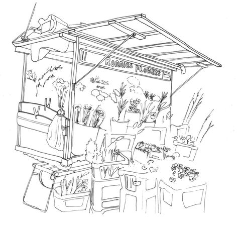 Market Stall Drawing, Flower Market Drawing, Market Drawing Sketches, Fish Market Drawing, Stone Facade Design, Stall Drawing, Drawing Sketches Ideas, Market Drawing, Scene Drawing