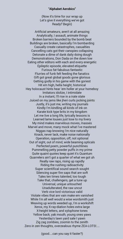 Alphabet Aerobics ~ Blackalicous (lyrics) Funny Rap Lyrics, Writing Songs Inspiration, Eminem Quotes, Creative Nonfiction, Inappropriate Thoughts, Music Writing, Inspirational Songs, Hip Hop And R&b, Hank Williams