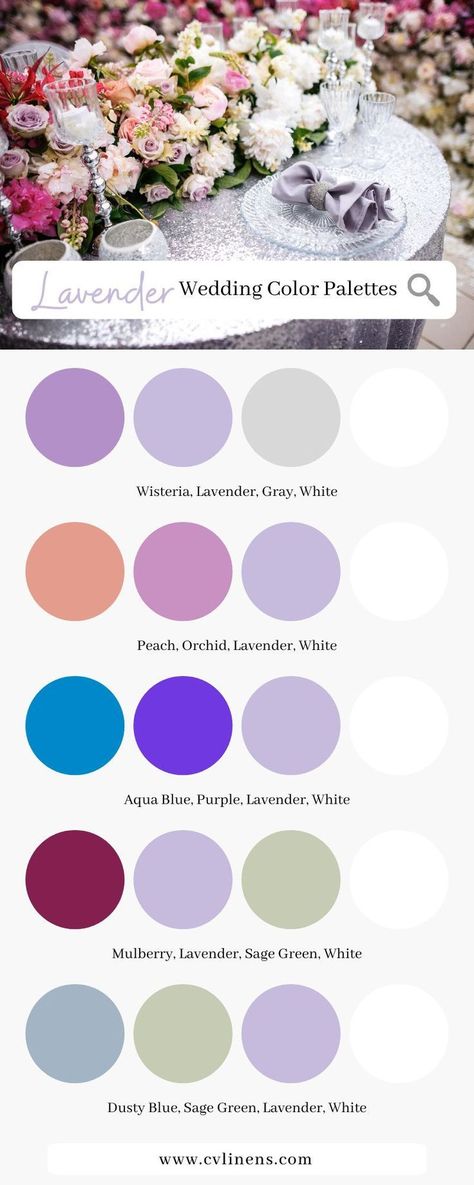 Winter Wedding Lavender, Lavender Color Combo, Lilac Color Palette Wedding, Lavender Reception Decorations, Lavender Wedding Theme Color Schemes, Lilac Wedding Color Schemes, Lavender Color Palette Wedding, Wedding Pallet Ideas Colour Schemes Spring, Lavender Wedding Color Palette