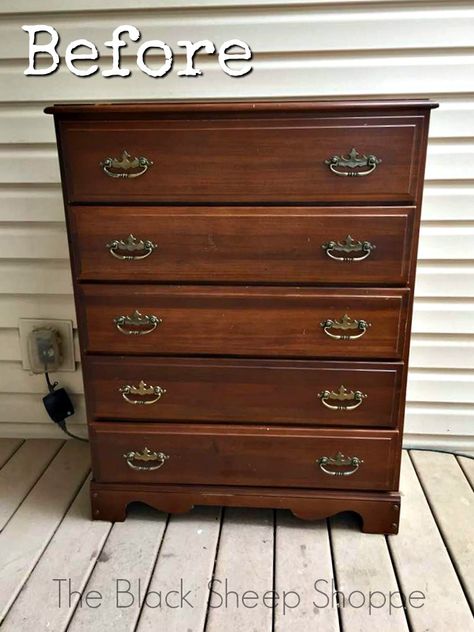 Before photo of a plain brown chest of drawers. Painting A Chest Of Drawers, Redoing Dressers Ideas Diy, Black And Brown Dresser, Old Chest Of Drawers Makeover, Chest Of Drawers Makeover Diy, Chest Drawer Decor Ideas, Painted Chest Of Drawers Ideas, Chest Of Drawers Ideas, Chalk Paint Chest Of Drawers