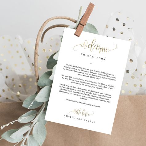 Wedding Welcome And Itinerary Card Faux Gold | #bridalshower #bridalshowerinvitations #modernbridalshower #bridalshowerinvite #printablebridalshower #bridalshowerprintableinvitation #floralbridalshowerinvitations #springbridalshowerinvitations #summerbridalshowerinvitations #elegantbridalshowerinvitations Welcome Card Wedding, Diy Wedding Welcome Bags, Wedding Welcome Card, Wedding Note, Note Printable, Wedding Notes, Welcome Bag, Welcome Card, Wedding Itinerary