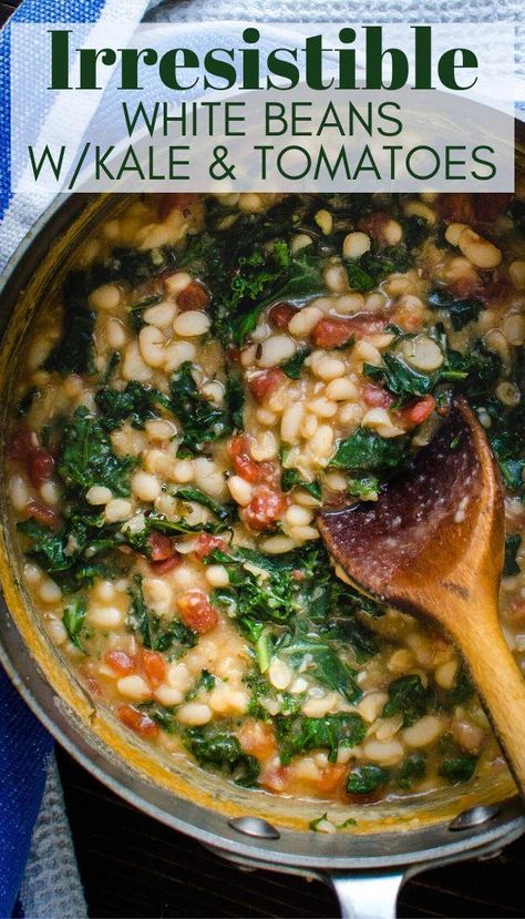 This healthy, easy side dish is loaded with Italian flavor. Dried white beans (I used navy beans) are cooked until tender and seasoned with garlic, dried herbs and canned tomatoes. A swirl of fresh kale melts into the pot for a hearty comfort food that goes great with chicken or pork. Vegetarian & vegan options available. #BestHealthNutrition Iron Rich Side Dishes, Italian Kale Recipes, White Beans And Tomatoes, Dry Beans Recipe, Beans And Tomatoes, Braised Kale, Winter Dinners, White Bean Recipes, Kale Recipe