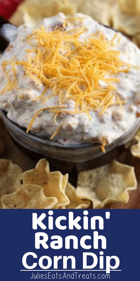 Easy dump and go Corn Dip is the perfect party appetizer! This Kickin' Ranch Corn Dip is Loaded with Ranch, Corn, Green Chilies & Cheese which makes it the perfect party appetizer! #appetizer #corn #dip #ranch #ranchseasoning #corndip #julieseatsandtreats #party #partyfood #partyrecipe #recipe #recipidea via @julieseats Ranch Corn Dip, Ranch Corn, Dip Easy, Corn Dip, Creamy Dip, Snack Dip, Buffalo Chicken Dip, Yummy Dips, Party Food Appetizers