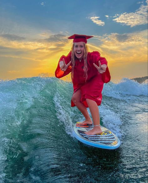 Grad pic. Surfing. Sunset. Wakesurfing Graduation Pictures, Jet Ski Senior Pictures, Wake Surfing Graduation Pictures, Wakeboard Senior Pictures, Surf Senior Pictures, Surfing Graduation Pictures, Surfing Senior Pictures, Senior Pics Lake, Senior Picture Ideas Lake