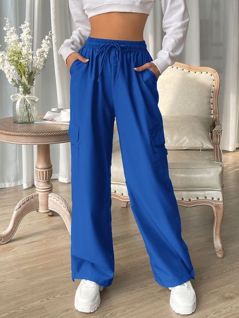 Blue Long Pants Outfit, Flap Pocket Cargo Pants, Outfit Sweatpants, Shein Codes, Royal Blue Pants, Pants Embellished, Minimalist Wardrobe Capsule, Kawaii Clothes Goth, Long Pants Outfit