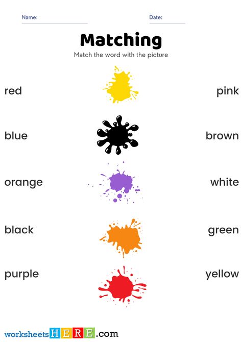 Match Colors Pictures and Names Activity PDF Worksheets For Kindergarten - WorksheetsHere.com Colour Names List, Colors Pictures, Kindergarten Colors, Dark Orchid, Light Sea Green, Dark Slate Blue, Worksheets For Kindergarten, Dark Cyan, Name Activities