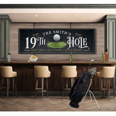 Personalized 19th Hole Sign - Golfing Sign For Home Bar - Golfer Gifts Thank you for visiting Crown & Oak Design Co. ➤ Click here for all products https://www.etsy.com/shop/CrownAndOakDesignCo ➤ How To Order: Please select size, product type and add personalization (if required) in the text box above. ★ Note: Any customization beyond what is required specific to the design is subject to an additional design fee. This includes but is not limited to wording, fonts, colors, or any added logos or im Golf Wall Decor Ideas, Golf Themed Basement, 19th Hole Golf Signs, Golf Banner Design, Golf Man Cave Decor, Basement Bar Signs, Golf Room Man Cave, Golf Simulator Room Man Caves, Golf Simulator Bar