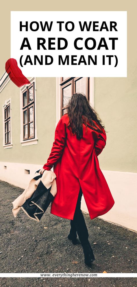 Red Wrap Coat Outfit, Red Long Coat Outfits, Red Trench Coat Outfit Street Style, Red Peacoat Outfit Winter, How To Style A Red Coat, Fall Trench Coat Outfits Classy, Red Rain Coat Outfit, Red Pea Coat Outfit, Red Raincoat Outfit