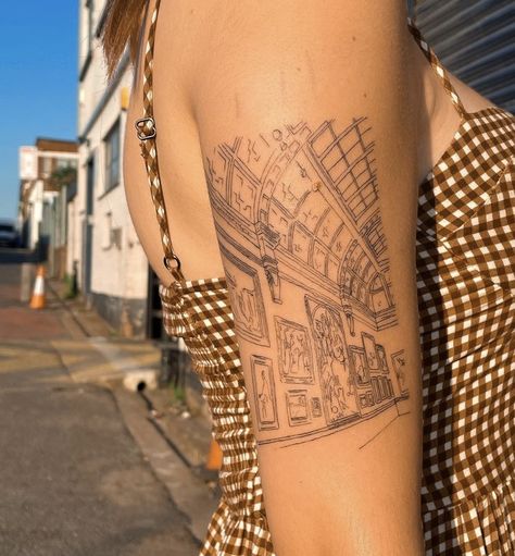 Fine Art Tattoo Minimalist, Small Garden Tattoo, Middle Of Back Tattoo For Women, Art Piece Tattoo, Art Gallery Tattoo, Greenhouse Tattoo, Dodie Tattoo, Building Tattoo, Personal Tattoos