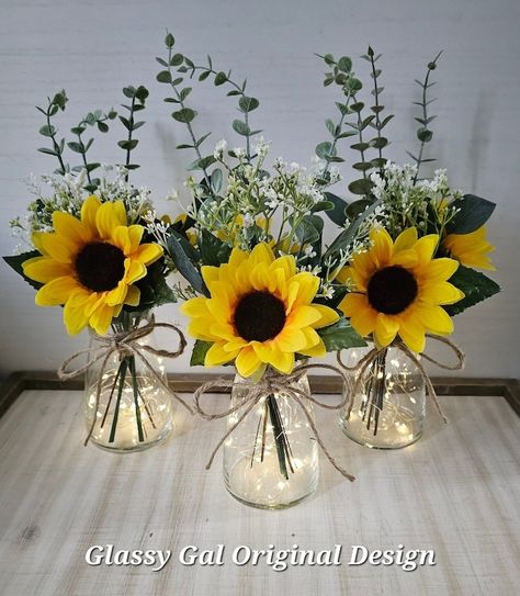 Sunflower and Babies Breath Lighted Bud Vase, Wedding Centerpiece, Event Centerpiece, Wedding Decor, Farmhouse Wedding, Shower Decorations - Etsy Sunflower Simple Centerpiece, Crown Bottle Centerpieces Wedding, Bud Vase Wedding Centerpiece, Sunflower Table Centerpieces, Centerpieces For Wedding, Sunflower Wedding Decorations, Cedar Shutters, Sunflower Centerpieces, Daisy Party