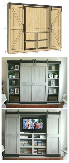 Barn Door Entertainment Center, Diy Entertainment, Decor Ikea, Diy Entertainment Center, White Barn, Creative Living, Home Cinema, Interior Doors, Glass Doors