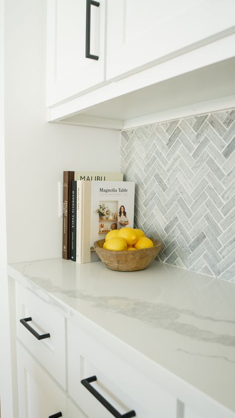 herringbone backsplash kitchen Herringbone Backsplash Kitchen, Salt Interiors, Backsplash With White Cabinets, Pure Salt, Kitchen Backsplash Designs, Backsplash Designs, White Kitchen Design, Kitchen Marble, Kitchen Inspiration Design