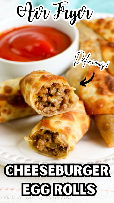 Are you ready to take your appetizer game to the next level? Say hello to these irresistible Air Fryer Cheeseburger Egg Rolls! Packed with all the classic flavors of a cheeseburger, these crispy egg rolls are a total crowd-pleaser. Plus, they’re super easy to make in your trusty air fryer, giving you that perfect golden-brown crunch without all the hassle of deep frying. Easy Dinners Air Fryer, Cheeseburger Eggrolls Recipe Air Fryer, Hamburger Egg Rolls Recipes, Easy Eggroll Ideas, Ground Pork Egg Rolls, Quick Air Fryer Dinner Ideas, Pizza Egg Rolls Air Fryer, Cheeseburger Egg Roll, Air Fryer Cheesecake Egg Rolls