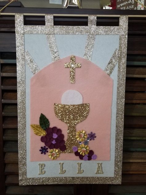 First Communion Pew Banner, Communion Banner Ideas Catholic, First Communion Banners Catholic, 1st Communion Banner Ideas, First Communion Banner Ideas, Communion Banner Ideas, Communion Banners, Kids Summer Schedule, First Communion Hairstyles