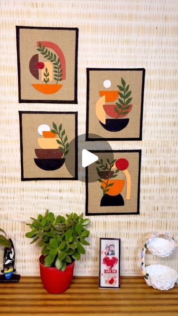 Paint Hanging Ideas, Painting On Jute Fabric, Jute Fabric Crafts, Jute Painting Ideas, Boho Art Painting Wall, Paint Frames Diy Ideas, Diy Wall Frames Ideas, Diy Wall Hanging Crafts Room Decor, Diy Boho Art Painting