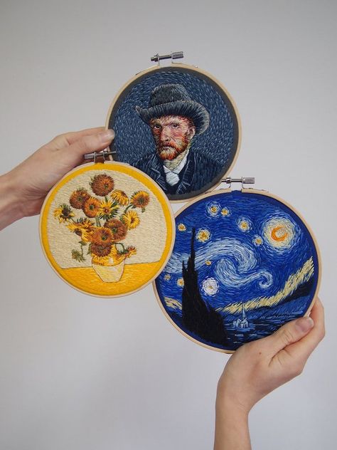 Meticulous Embroidered Brooches Recreate Art History's Iconic Works فنسنت فان جوخ, Stitching Embroidery, Diy Embroidery Patterns, Thread Painting, 자수 디자인, Sewing Embroidery Designs, Hand Embroidery Art, Hand Embroidery Design, Embroidery Hoop Art