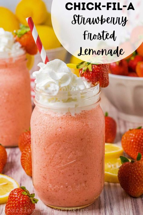 This copycat Chick-fil-A frosted Strawberry Lemonade is one-of-a-kind delicious! With just 5 ingredients and 5 minutes of time, you can make this fan-favorite frosty treat in no time. All you need is Italian sweet cream coffee creamer, frozen strawberries, lemonade, and ice to make this delicious treat! Feeling like an adult beverage? No problem making a boozy Chick Fil A Frosted Strawberry Lemonade with one simple addition. Italian Sweet Cream Coffee Creamer, Sweet Cream Coffee Creamer, Frosted Lemonade Recipe, Copycat Chick Fil A, Frosted Lemonade, Strawberry Drinks, Refreshing Snacks, Drink Recipes Nonalcoholic, Summertime Drinks