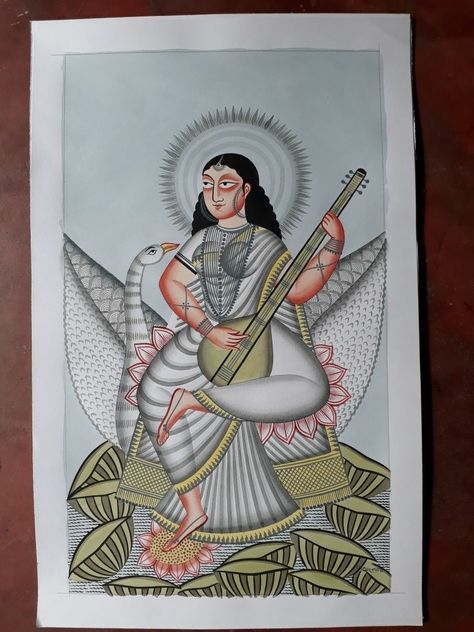 Traditional Kalighat painting to buy this Indian artwork you can call/whats App/wechat on +91 7045 640 740 Kalighat Paintings Folk, Bengal Patachitra, Kalighat Patachitra, Saraswati Art, Meenakari Painting, Kalighat Paintings, Saraswati Picture, Saraswati Painting, Worli Painting