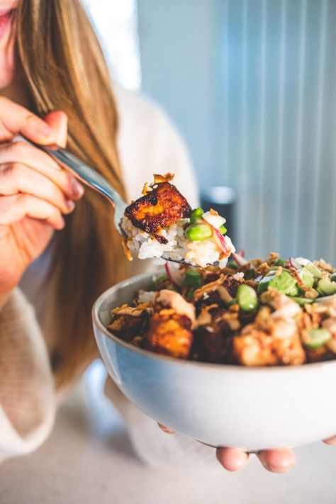 Crunchy Tofu, Tofu Sushi, Sushi Bowls, Teriyaki Tofu, Sushi Bowl, Spicy Mayo, Asian Foods, Bean Curd, Sticky Rice