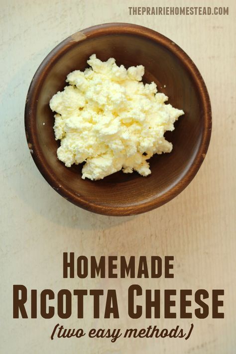 This ricotta cheese recipe is actually two recipes in one: learn how to make ricotta cheese from both whey and whole milk. Ricotta Cheese Recipe, Homemade Ricotta Cheese, Cheese Recipes Homemade, The Prairie Homestead, Ricotta Cheese Recipes, Prairie Homestead, Goat Milk Recipes, Homemade Ricotta, Diy Cheese