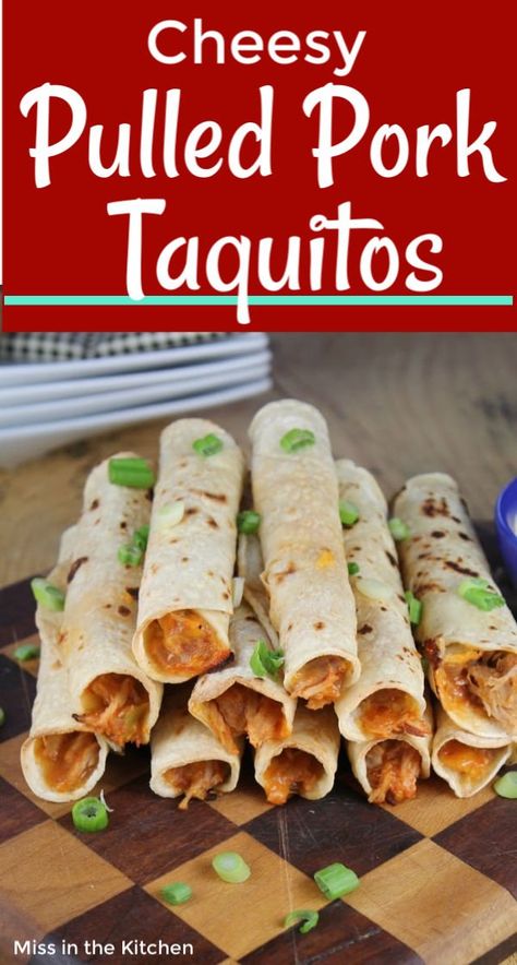 Pork Tapas Recipes, Pulled Pork Taquitos Air Fryer, Pork Taquitos Baked, Pork Wraps Recipes, Pulled Pork Wraps Recipes, Pulled Pork Meals Sides, Taquitos Pork, Pulled Pork Wraps, Pulled Pork Taquitos