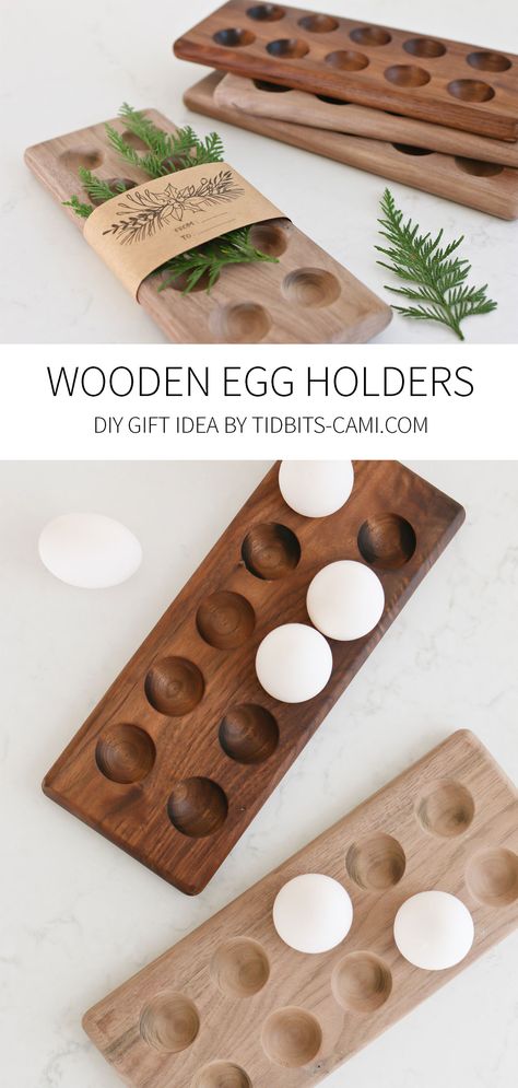 DIY Wooden Egg Holders - a beautiful gift idea! Tutorial and available to purchase! #egg #farmhouse #fresheggs #eggholder #ryobi #camitidbits #holidaygifts Egg Holder Diy, Wooden Egg Holder, Gift Tutorial, Wooden Crafts Diy, Egg Holders, Wood Eggs, Small Woodworking Projects, Diy Wooden Projects, Scrap Wood Projects