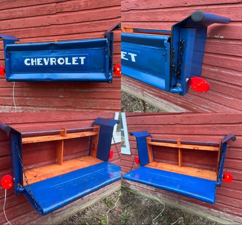 1950 Chevy tailgate and box repurposed as a wall mountable bar. Available at “the 48 shop” , Hinckley, MN Truck Tailgate Bar, Truck Furniture, Small Man Cave, Tailgate Bar, Scrap Wood Crafts, Truck Tailgate, Car Theme, Car Furniture, Upcycled Gifts