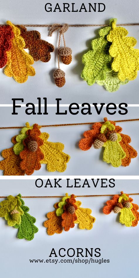 Crochet Autumn Leaf Garland, Knitted Fall Decor, Bunting Crochet Patterns Free, Crochet Leaf Wall Hanging, Autumn Crochet Wreath, Autumn Garland Crochet, Autumn Leaf Crochet, Crochet Autumn Garland, Crochet Fall Garland Patterns Free