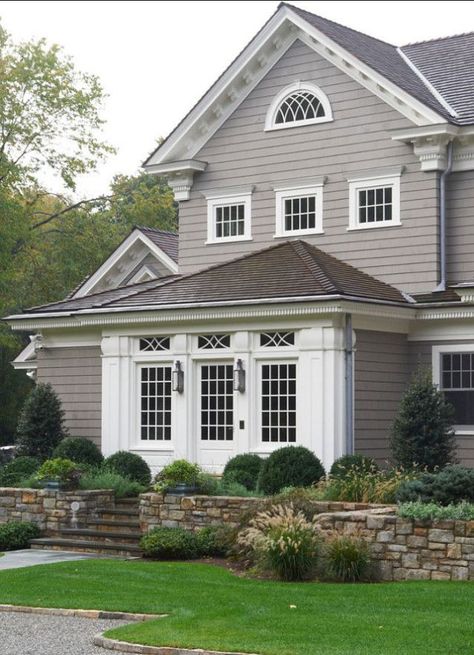 Exterior paint color: Gray Huskie by Benjamin Moore Grey Exterior House Colors, Benjamin Moore Exterior, Exterior Gray Paint, Gray House Exterior, Benjamin Moore Gray, Trim Paint, House Paint Color Combination, Gray House, Exterior House Color