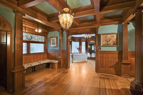 Love this wall color. Stained Wainscoting, Craftsman Interiors, Craftsman Home Interiors, Arts And Crafts Interiors, Craftsman Interior, Craftsman Bungalows, Craftsmen Homes, Craftsman House, Mahogany Wood