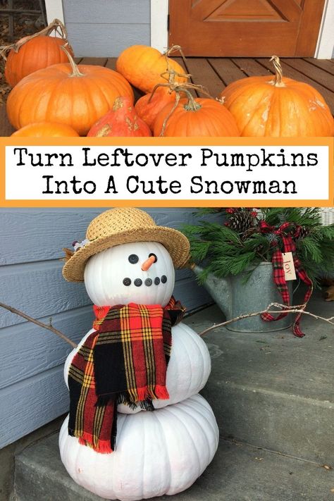 Front Porch Snowman, Porch Snowman, Pumpkin Snowmen, Diy Snowman Decorations, Christmas Pumpkins, Snowman Crafts Diy, Christmas Lollipops, Porch Pumpkins, Cottage Retreat