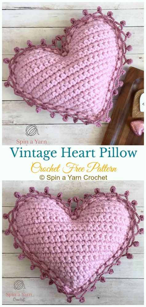 Vintage Heart Pillow Crochet Free Pattern - #Heart; #Pillow; Free #Crochet; Patterns Crochet Heart Pillow, Valentine's Day Crochet, Valentine Crochet, Crochet Valentine Patterns, Crochet Valentines, Crochet Valentine, Heart Pillows, Crochet Hearts, Crochet Heart Pattern