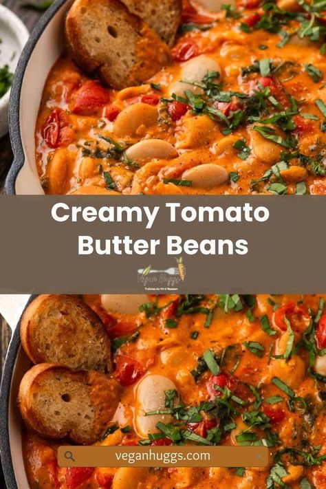 These Creamy Tomato Butter Beans are easy to make and ready in just 30 minutes! This cozy, comforting dish is packed with rustic flavors and makes a perfect appetizer, side, or main meal. Pair it with a loaf of crusty bread for the ultimate satisfying meal! #TomatoButterBeans #ComfortFood #QuickAndEasy #RusticFlavors #30MinuteMeals #CozyMeals #VeganRecipes #SimpleDishes #PlantBasedEats #VeganComfortFood Butter Beans And Tomatoes, Marinated Butter Beans, Vegan Butter Beans, Butterbean's Recipes, Butter Bean Recipes, Butterbean Recipes, Butter Bean Salad, Vegan Finger Foods, Butter Beans Recipe